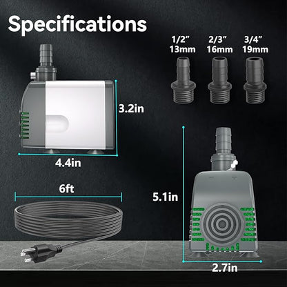 Knifel 540GPH Submersible Water Pump - Fountain pumps with Auto Shut Off, Adjustable Flow & Ultra-Quiet for Fountains, Ponds, Aquariums, Fish Tank and More