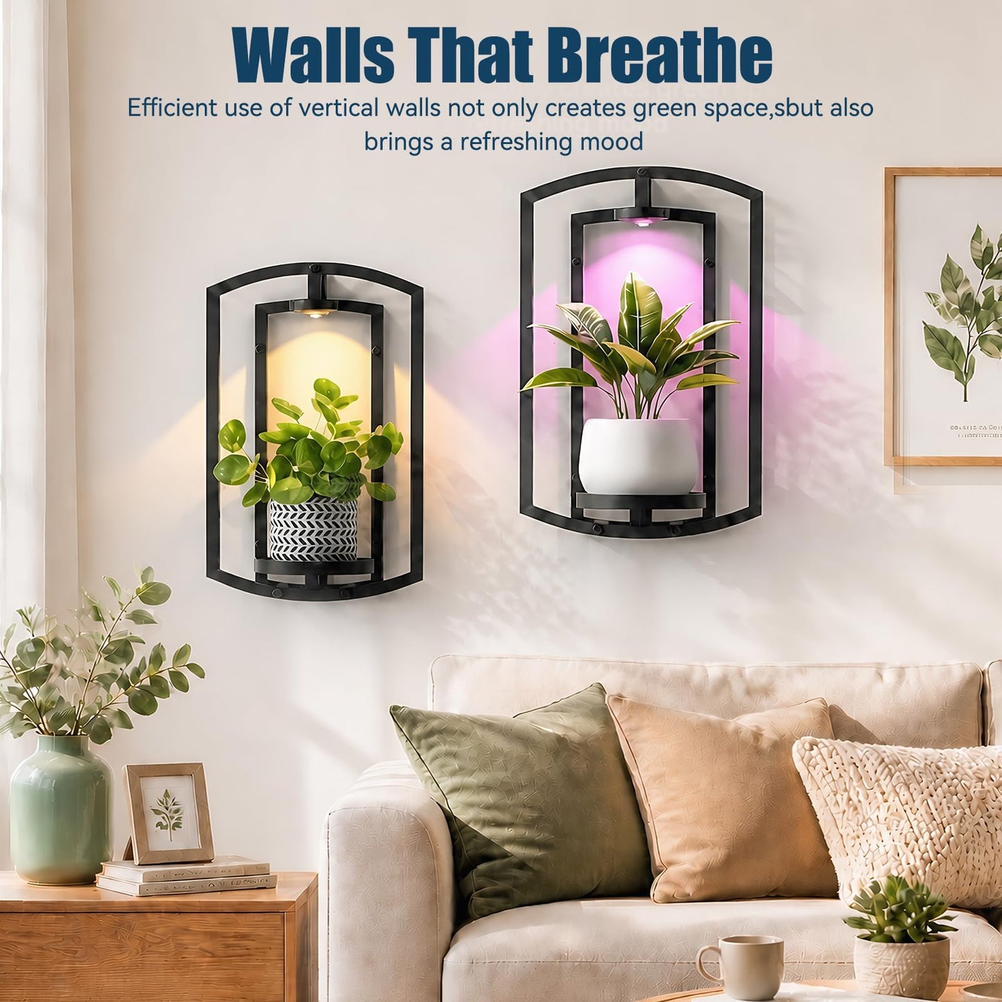 AUCCNT Wall Plant Holder with Remote Grow Lights, Framed Plants Holder for Indoor Plants Wall Decor, Living Room Plant Stand, Window Plant Shelves, 1 Pack