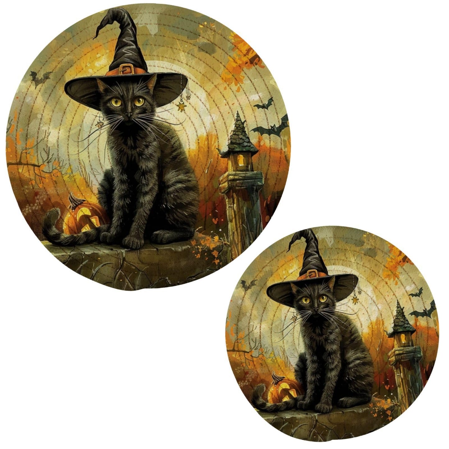 Kitchen Set of 2 Potholders Trivets, Halloween Graveyard Black Cat Witch Pumpkin Woven Hot Pot Coasters Placemats for Cooking Baking Hot Dish Pan Pot Bowl Teapot(7&9 Inches Diameter)