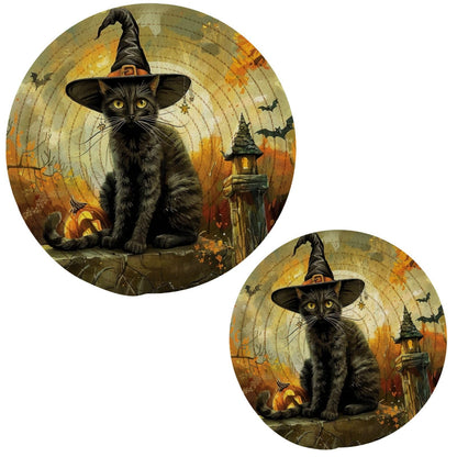 Kitchen Set of 2 Potholders Trivets, Halloween Graveyard Black Cat Witch Pumpkin Woven Hot Pot Coasters Placemats for Cooking Baking Hot Dish Pan Pot Bowl Teapot(7&9 Inches Diameter)