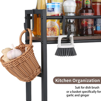 Meangood Spice Rack Shelf for Kitchen Stove, Over the Stove Shelf with 4 Hooks Extra Storage Countertop, Rustic Wood & Solid Metal Commbined Stove Shelf for Storage Seasoning, Easy to Assemble