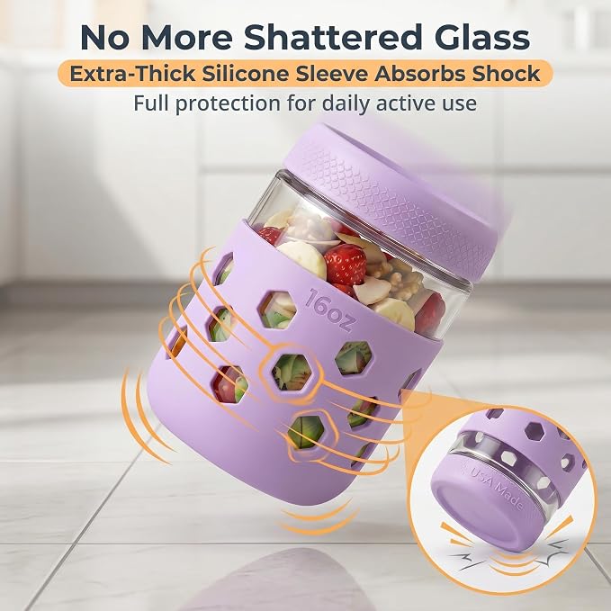 6-Pack 16 oz Overnight Oats Jars with Lids & Silicone Sleeves - Airtight Glass Mason Jars, Food Storage, Wide Mouth Meal Prep Containers for Chia Pudding, Yogurt, Berries & Snacks (Include Spoons)