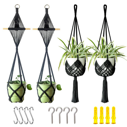 XINBOR 4 Pack Macrame Plant Hangers Indoor Up to 10 inch Pot, Boho Hanging Planters, Plant Holder with 8Pcs Stainless Steel Hooks(4Pcs Black Hanger)
