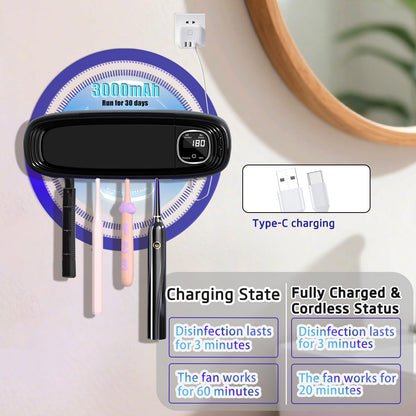 Wall Mounted Toothbrush Holders for Bathrooms, 4 Slots UV Toothbrush Sanitizer and Holder with Air Drying 3000mAh Rechargeable Cordless UV Toothbrush Cleaner with Timer Function & No Drilling (Black)