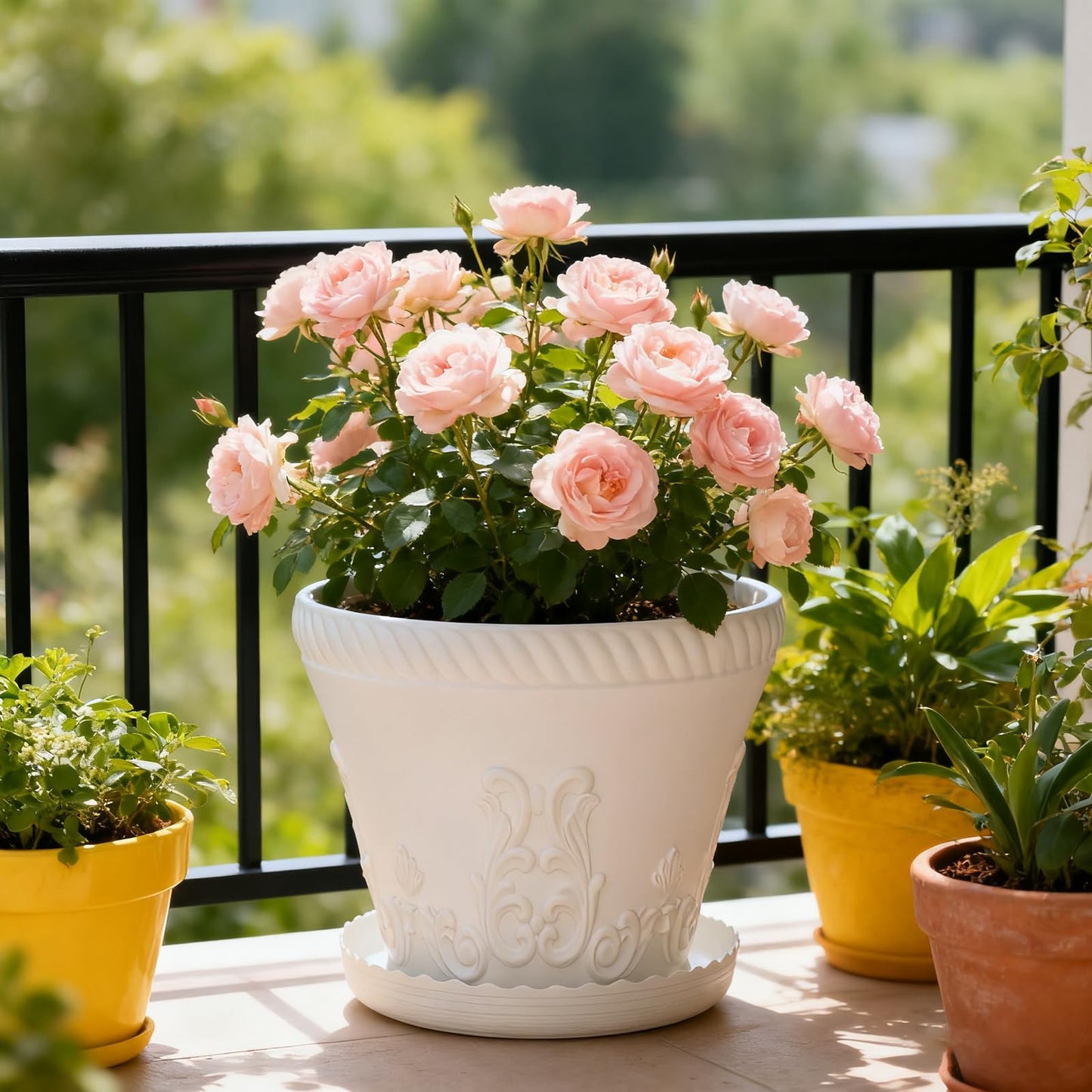 OUMUHE 11.4 Inch Plastic Planters with Drainage and Saucers, Set of 3, Decorative Flower Pots for Indoor Outdoor Use, Available in Terracotta & White (White)