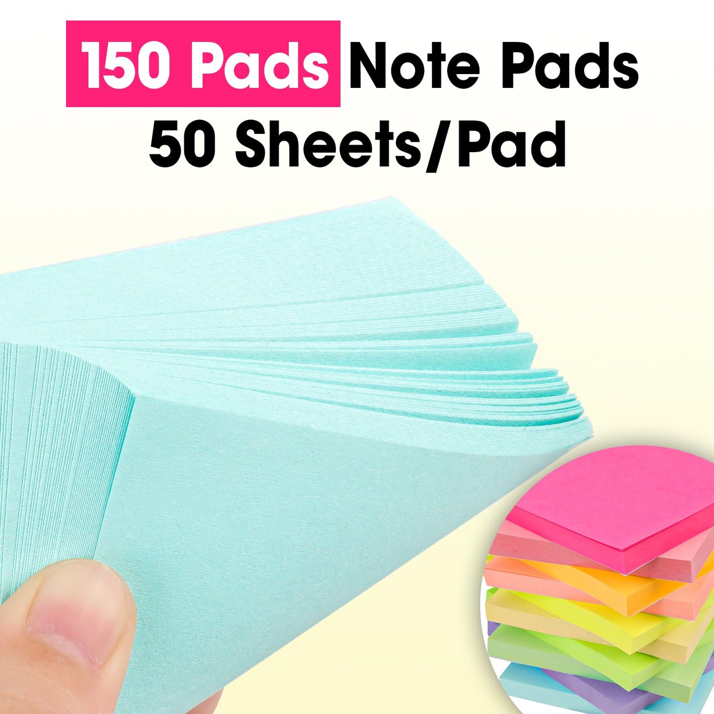 150 Pads Sticky Notes 3x3, Self-Stick Pads Bulk Bright Colors, School Supplies, Office Products, 50 Sheet/Pad