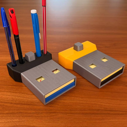 USB Flash Drive Shaped Sticky Note Holder & Pen Organizer, 3D Printed Desk Caddy with Magnetic Compartment, Includes Stencils, for Home Office School, Yellow, Minimalist Style
