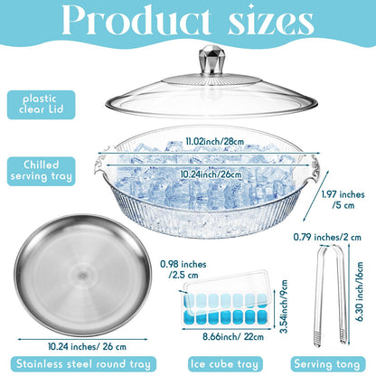 Baderke 1 Set 10" Chilled Serving Tray for Parties with Compartments and Lid Ice Chilled Platter Charcuterie Serving Board for Fruit Seafood Vegetable Appetizer Shrimp Cocktail (Silver)