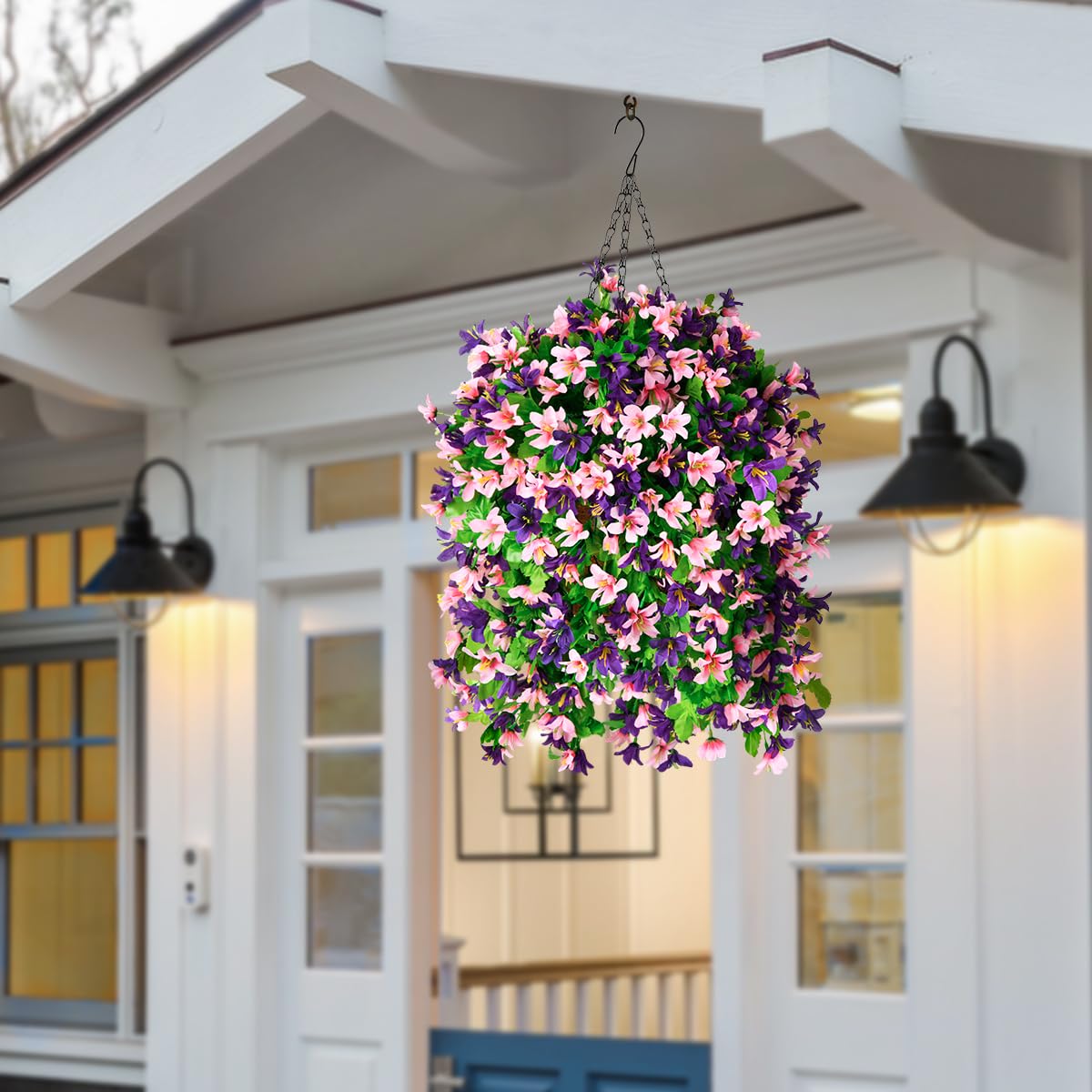 INQCMY Artificial Hanging Flowers in Basket for Outdoor Spring Summer Decoration,4pcs Faux Silk Violet in Planter UV Resistant for Outside Home Patio Garden Porch Deck Decor(Pink Purple)