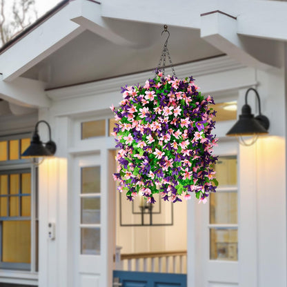 INQCMY Artificial Hanging Flowers in Basket for Outdoor Spring Summer Decoration,4pcs Faux Silk Violet in Planter UV Resistant for Outside Home Patio Garden Porch Deck Decor(Pink Purple)