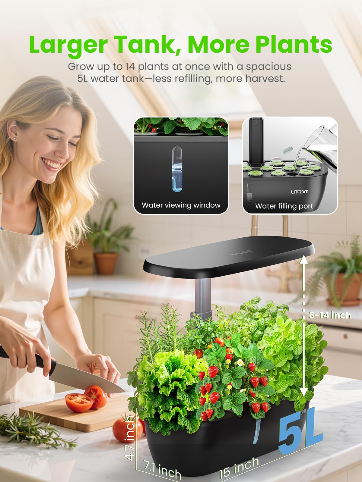 litokam Hydroponics Growing System Kit, 15-Pod Indoor Herb Garden Planter with 24W Grow Light & APP Control, Indoor Gardening System with 2 Grow Modes, Quiet Pump & 24H Timer