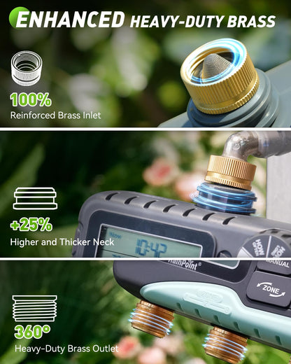 RAINPOINT 3 Zone Water Timer with Brass Inlet & Outlet, 3 Custom Watering Plans Sprinkler Timer, Featuring IP65 Waterproof,Rain Delay, Manual & Automatic Watering with Large LCD for Yard, 2026 Ver.