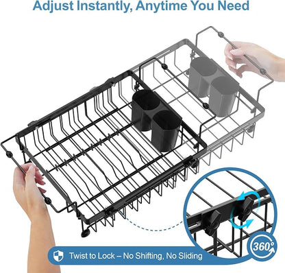 iSPECLE Expandable Dish Drying Rack for Large Kitchen Sink, eavy Duty Adjustable Over Sink Dish Drainer with Square Corners, Rust Resistant with Lock Knob, Fit for Modern Single & Double Sinks, Black