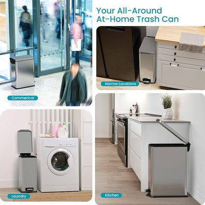 Home Zone Living 8 Gallon Kitchen Trash Can with Slim Fit Design | Stainless Steel with Soft-Close Step Pedal Lid, Bag Tuck Band for Easier Bag Changes, Rectangular Shape, Silver