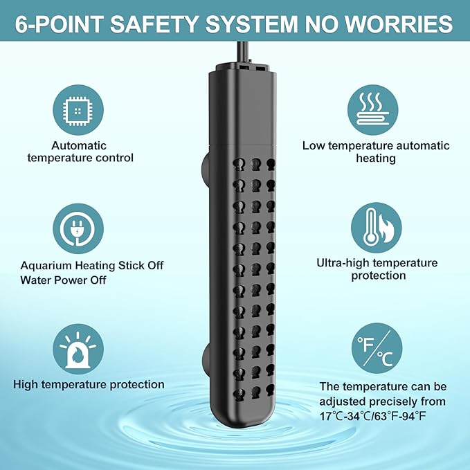 200W Aquarium Heater for 20-40 Gallon with Auto Shut-Off When Leaving Water—Submersible Fish Tank Heater, Dry-Burn & Overheat Protection, Explosion-Proof, Freshwater Saltwater Turtle Tank