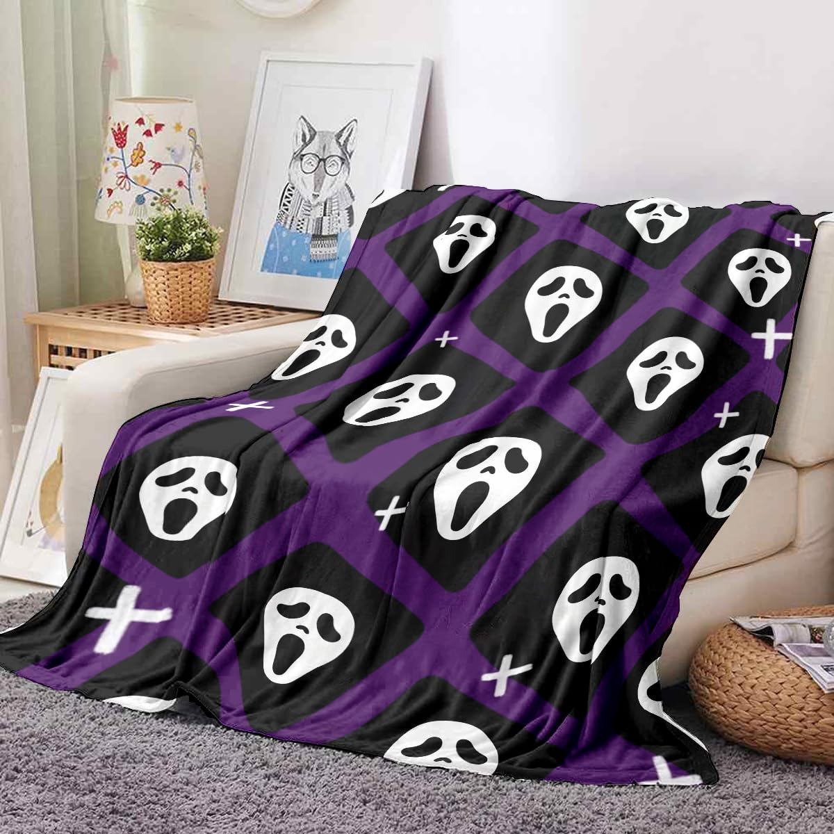 YWZDS Spooky Face Throw Blanket, Purple and Black, Halloween Ghost Blankets Fuzzy Gifts for Sofa Couch Bedroom (30 x 40 inch)