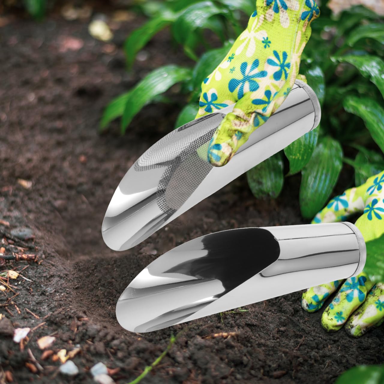 2Pcs Stainless Steel Garden Shovel and Soil Sifter Set for Planting, Portable Soil Scoop and Sifter for Bonsai, and Vegetable Gardening
