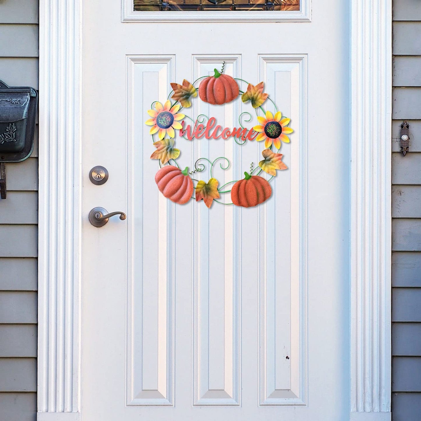 Metal Fall Pumpkin Welcome Wreaths Autumn Harvest Wreath Front Door Porch Outdoors Decorations, Autumn Halloween Thanksgiving Decorative Pumpkins Wall Decor