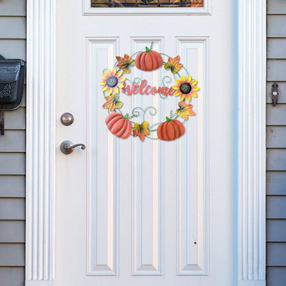 Metal Fall Pumpkin Welcome Wreaths Autumn Harvest Wreath Front Door Porch Outdoors Decorations, Autumn Halloween Thanksgiving Decorative Pumpkins Wall Decor