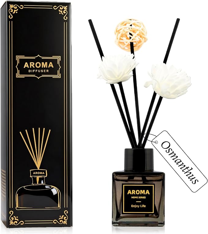 Black Glass Bottle Scent Diffuser, 1.7 oz Reed Diffuser with Sticks, Home Fragrance for Bookshelf, Bedroom Vanity, Office Desk & Bathroom Decor, Air Freshener for Aesthetic Room Decor (Osmanthus)