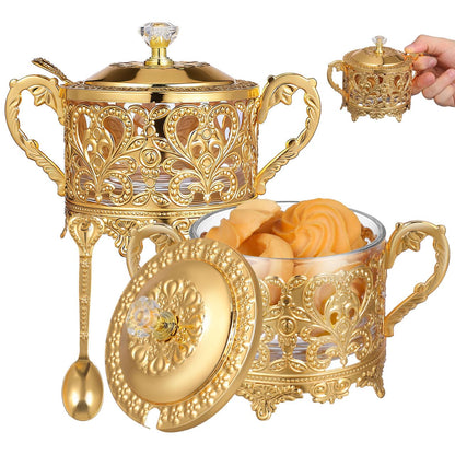 Sugar Bowl, 2 Sets Turkish Sugar Bowl with Lid and Spoon Condiment Pots Seasoning Box Golden Embossed Glass Candy Jar Coffee Bar Accessories