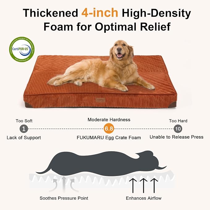 FUKUMARU Dog Bed, Thickened Corduroy Orthopedic Dog Beds with Washable Cover, XL Waterproof Dogs Bed for Crate, 28D Egg Crate Foam Support Pet Mat, Cozy Pet Bed Pad with Anti-Slip Bottom, Orange