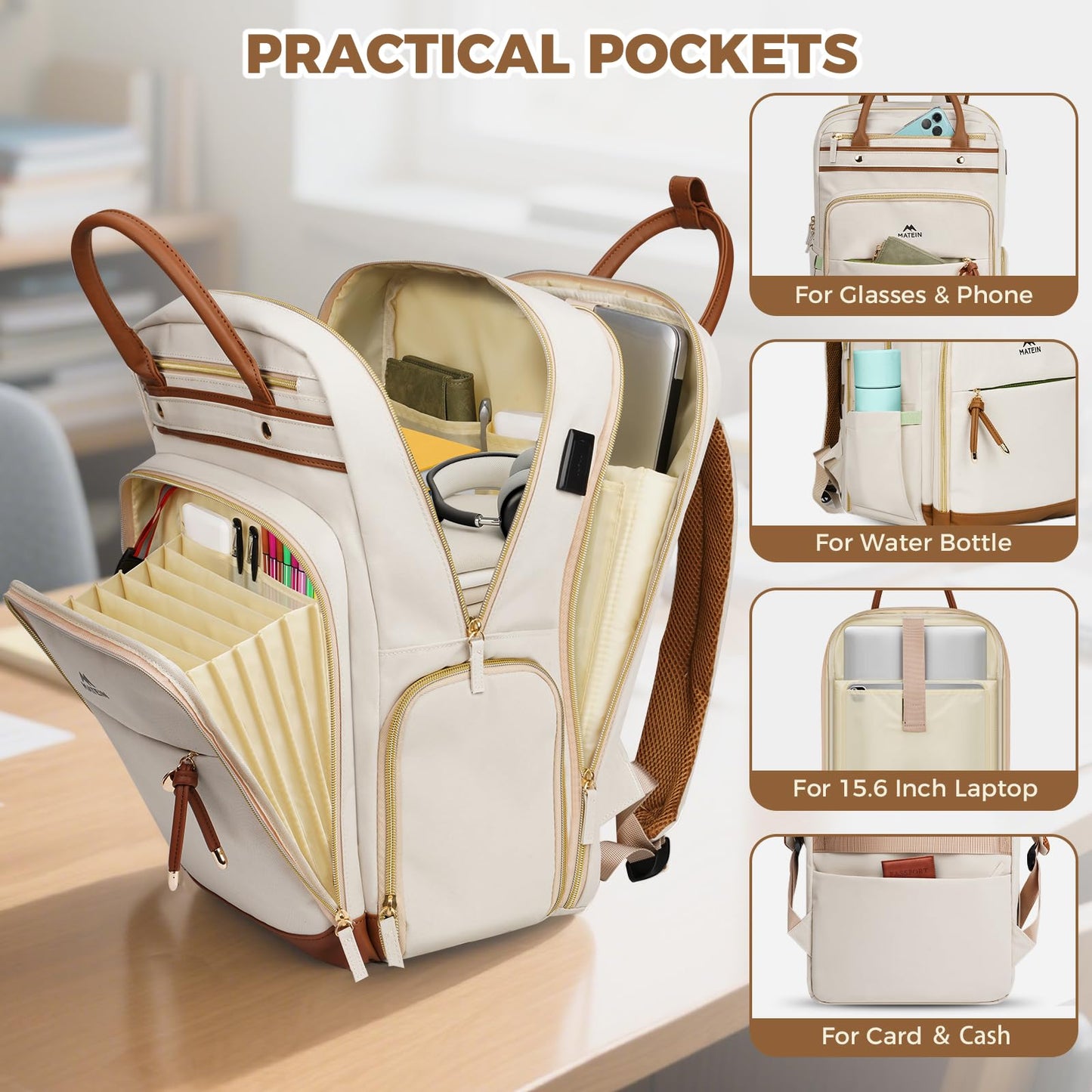 MATEIN Teacher Backpack with Lunch Compartment Detachable, 15.6 Inch Laptop Backpack with Organized Pocket, College Computer Work Backpacks Meal Prep Bag Gift for Women Nurse Commute Office