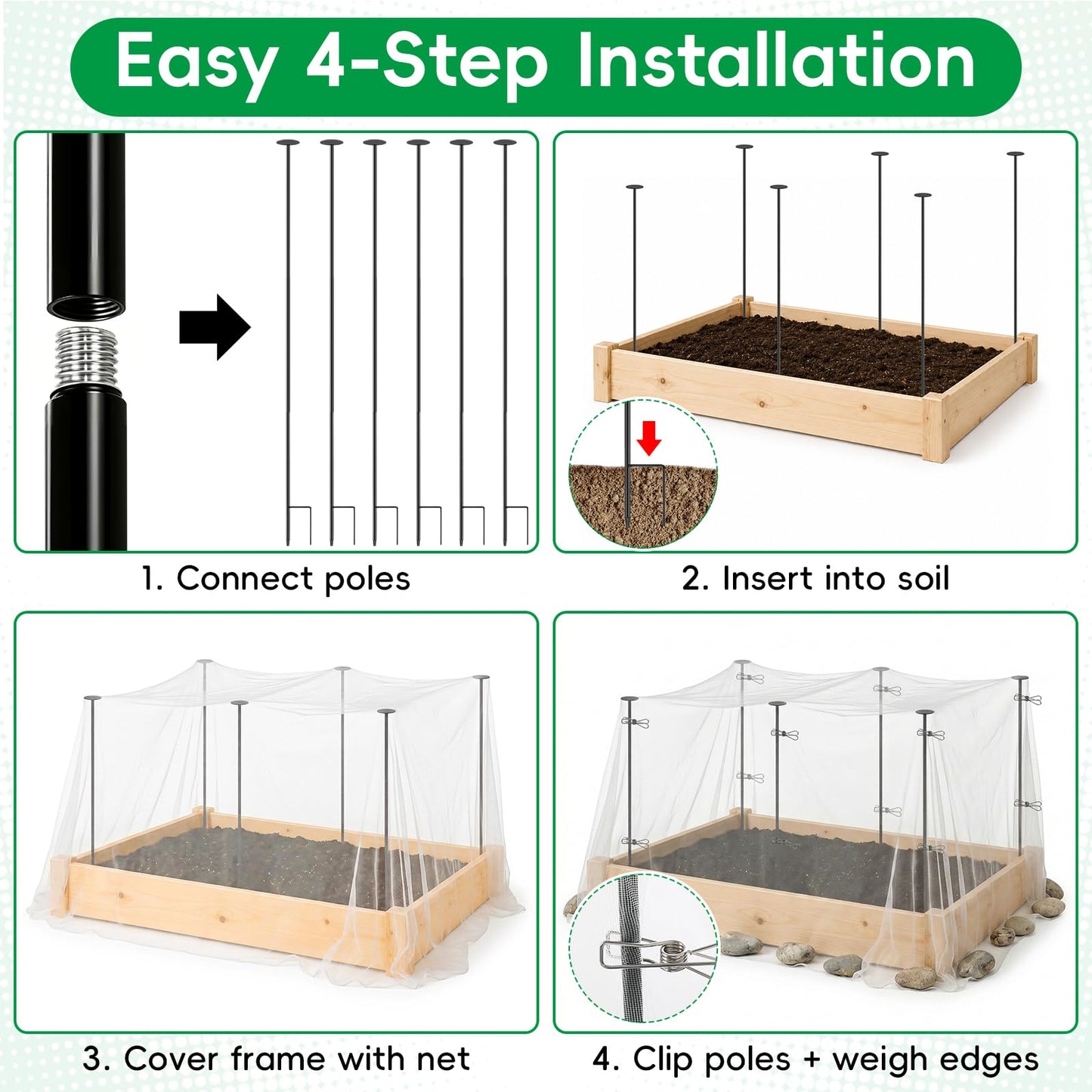 Metal Garden Netting Covers Kit for Raised Beds, 6 Pack 2.6FT Garden Poles Support Stakes with 10×13FT Insect Pest Barrier Plant Netting Mesh & 12 Clips for Vegetable Fruit Flower Garden Protection