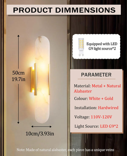 OROILUPU 19.7" Alabaster Wall Sconce Natural Marble Sconce Indoor Mid Century Modern Wall Light Oval Stone Lampshade Vanity Light Fixtures for Living Room Bedroom Dining Room Hallway (Gold)