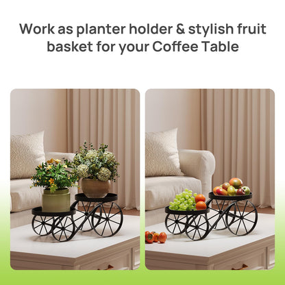 Cute Plant Stand Indoor Outdoor 2-Tier Metal Heavy Duty Flower Pot Holder with Decorative wagon wheels, Multi-Use Planter Display Rack Shelf for Garden Patio Balcony Living Room Corner (Black)