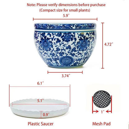 ZENSOAR Blue and White Chinoiserie Planter, Blue and White Flower Pot for Indoor Plants, Oriental Pots for Plants, Oriental Porcelain Chinoiserie Pot, Ceramic Asian Planter