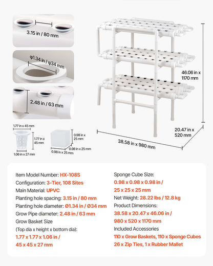 VEVOR Hydroponics Growing System Kit, 3-Tier 108 Sites UPVC Pipe Hydroponic Grow Kit with Timed Irrigation, Sun & Light Blocking Pipes, Indoor Home Garden Vegetable Planting Grow Kits for Fruit Herb