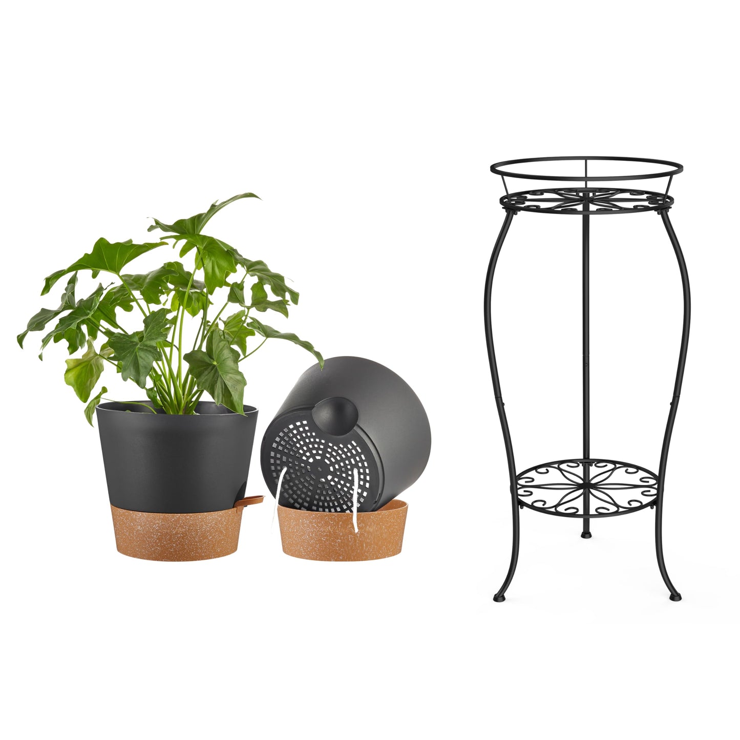 FaithLand 2 Tier Plant Stand and 2-Pack 10 Inch Self Watering Pots Bundle