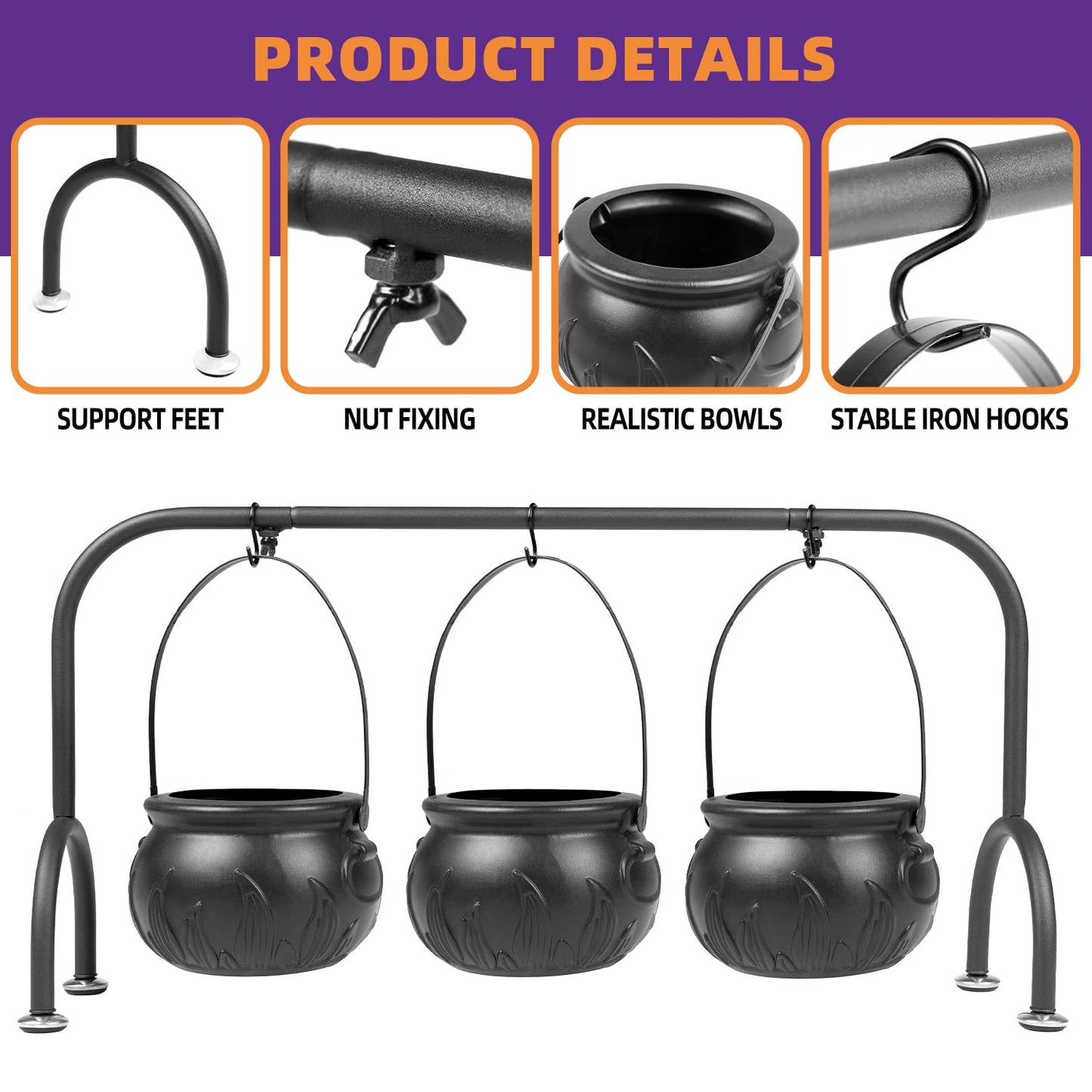 Kendane Easter Decorations Indoor,Set of 3 Witches Cauldron Candy Serving Bowls on Rack, Party Decorations,Black Plastic Candy Cauldron for Table Decor,Easter Candy for Kids
