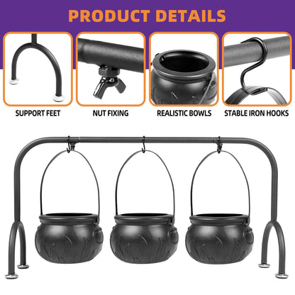 Kendane Easter Decorations Indoor,Set of 3 Witches Cauldron Candy Serving Bowls on Rack, Party Decorations,Black Plastic Candy Cauldron for Table Decor,Easter Candy for Kids