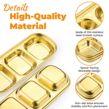 Sekonow Stainless Steel Soy Sauce Dish, 3 Grids Metal Dipping Bowls, Small Sauce Cups for Side Dishes Appetizer Dip Ingredient Prep Charcuterie, Gold Condiment Tray, 6 Pack