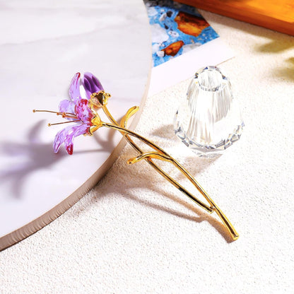 Purple Crystal Lily Flower Figurine with Stems - Handmade Collectible Statue for Decoration Mothers Day Centerpiece Valentines Day Bridal Shower Gift