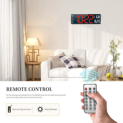 Digital Clock, Digital Wall Clock for Living Room Decor, Desk Alarm Clock for Bedroom, Large Wall Clock with Remote Control, Automatic Brightness Dimmer LED Clock with Date Temperature Week (Red-W)