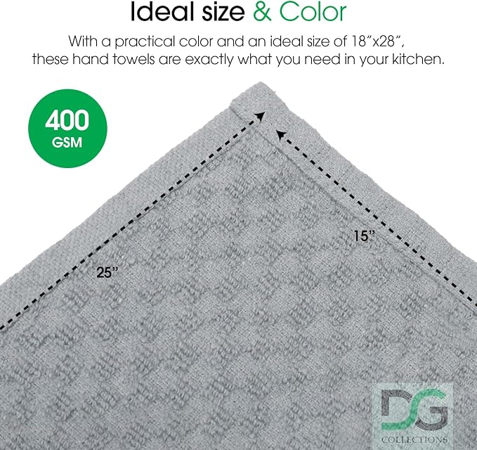 DG Collections Premium Dish Towels for Kitchen, 8 Pack, 15x25 Inch - 100% Cotton Kitchen Towels with Hanging Loop, Highly Absorbent, 400 GSM Bar Mop Cleaning Towels - Ash Grey