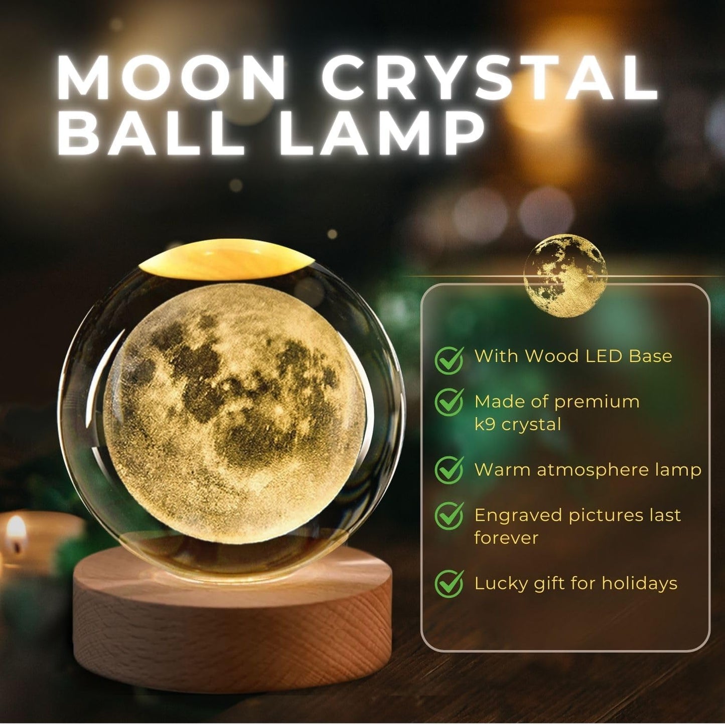 Flexzion 3D Moon Crystal Ball Night Light - LED Light Hologram Glass Lamp with Solid Wood Base, USB Powered Crystal Ball Lamp with Adjustable Brightness for Home Decor Display Gift, 2.4inch(60mm)