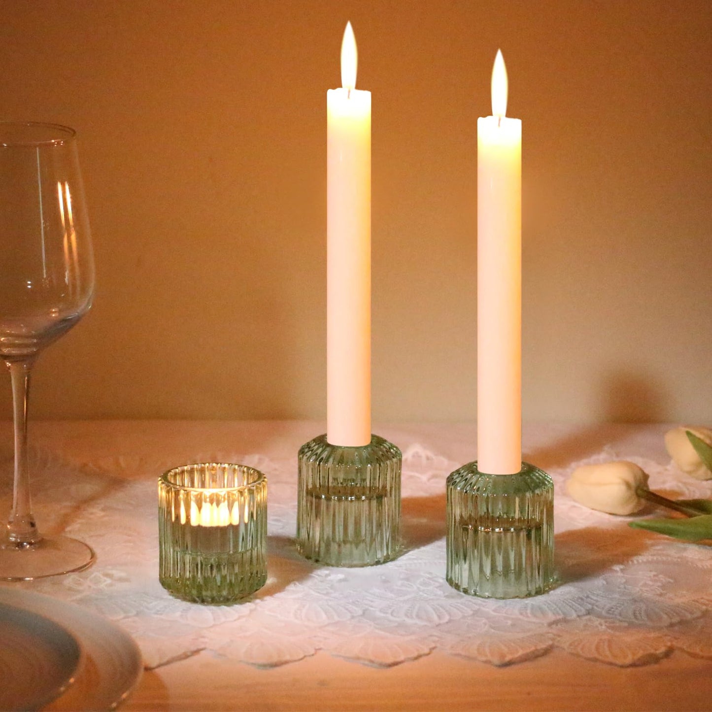 CHOCSTAY 3 Pcs Reversible Green Glass Candle Holders for Taper Tealight LED