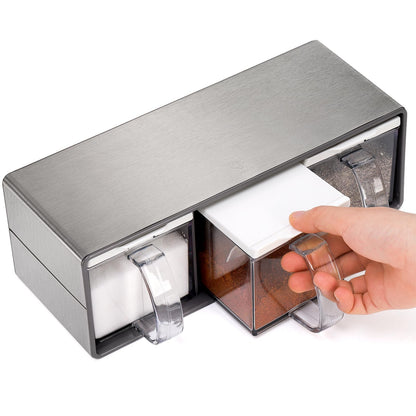 ZENFUN 3 Grids Seasoning Organizer Box, Stainless Steel Salt Container with Lid and Spoon, Seasoning Containers with Stainless Steel Rack for Home, Kitchen, Cafe, Storing Salt, Sugar, Pepper, Spice