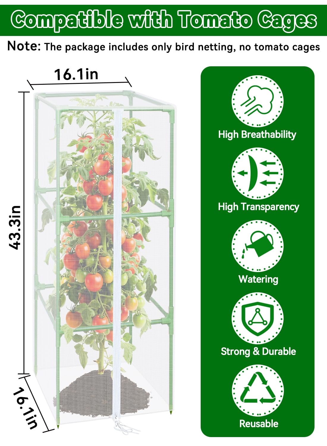 ZeeDix 43.3" x 16.1" Garden Bird Netting for Square Tomato Cage, 4 Pack Garden Mesh Barrier, Plant Covers Protect Tomatoes, Vegetables, Blueberry Bush from Birds & Pests