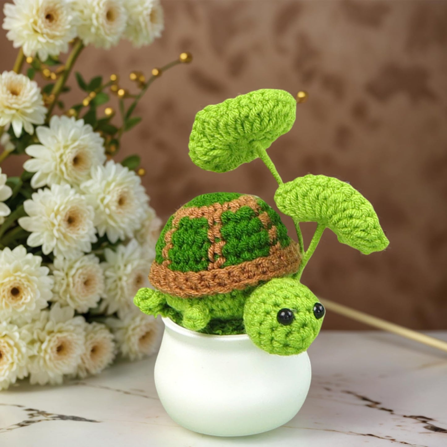 Joygoodta Crochet Turtle in Pot, 4.7in Adorable Crochet Plants Decor, Cute Green Turtle Planter with Leaf, Unique Home Desk Decoration for Plant & Animal Lovers