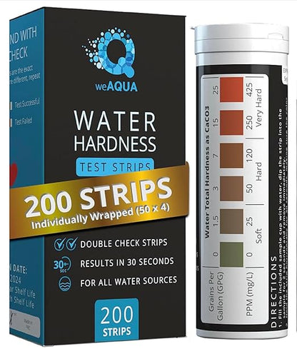 WeAQUA DoubleCheck Water Hardness Test Kit 200 Strips with Sample Cup - Hard Water Testing Strips (0-25 gpg / 0-425 ppm)