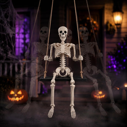 Sintuff Halloween Swinging Skeleton on Swing, Outdoor Swinging Ghost Decor, 35.4" Hanging Skeleton with 13.8" Wooden Seat for Yard, Porch, Tree, Spooky Halloween Decorations