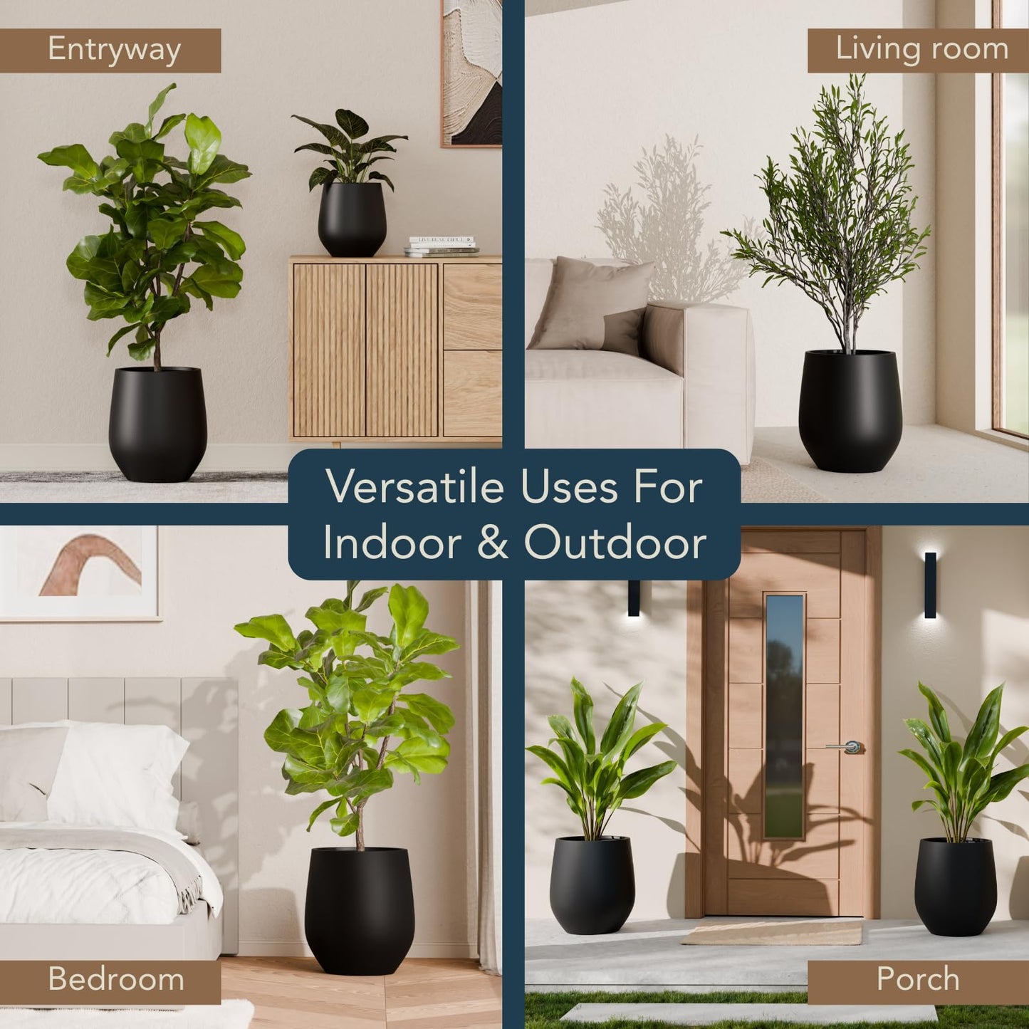 KUTE NEST 16.5" H x 15" D Premium Corso Fiberstone Round Tapered Planter with Drainage Hole, Weather Resistant for Indoor & Outdoor Use, Included 2 Extra Coco Mats (Black, 11.5" Pot Opening)