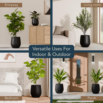 KUTE NEST 16.5" H x 15" D Premium Corso Fiberstone Round Tapered Planter with Drainage Hole, Weather Resistant for Indoor & Outdoor Use, Included 2 Extra Coco Mats (Black, 11.5" Pot Opening)