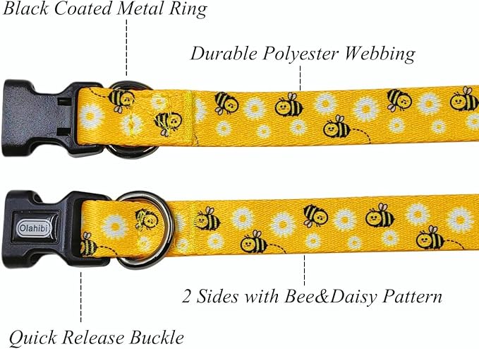 Dog Collar Leash Set, Floral Pattern, Polyester Material, Adjustable Collar and 5ft Matching Leash, for Small Dogs.(S, Bee Daisy)