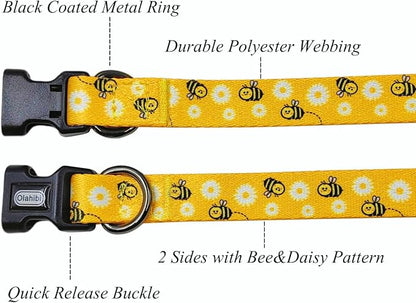 Dog Collar Leash Set, Floral Pattern, Polyester Material, Adjustable Collar and 5ft Matching Leash, for Large Dogs.(L, Bee Daisy)